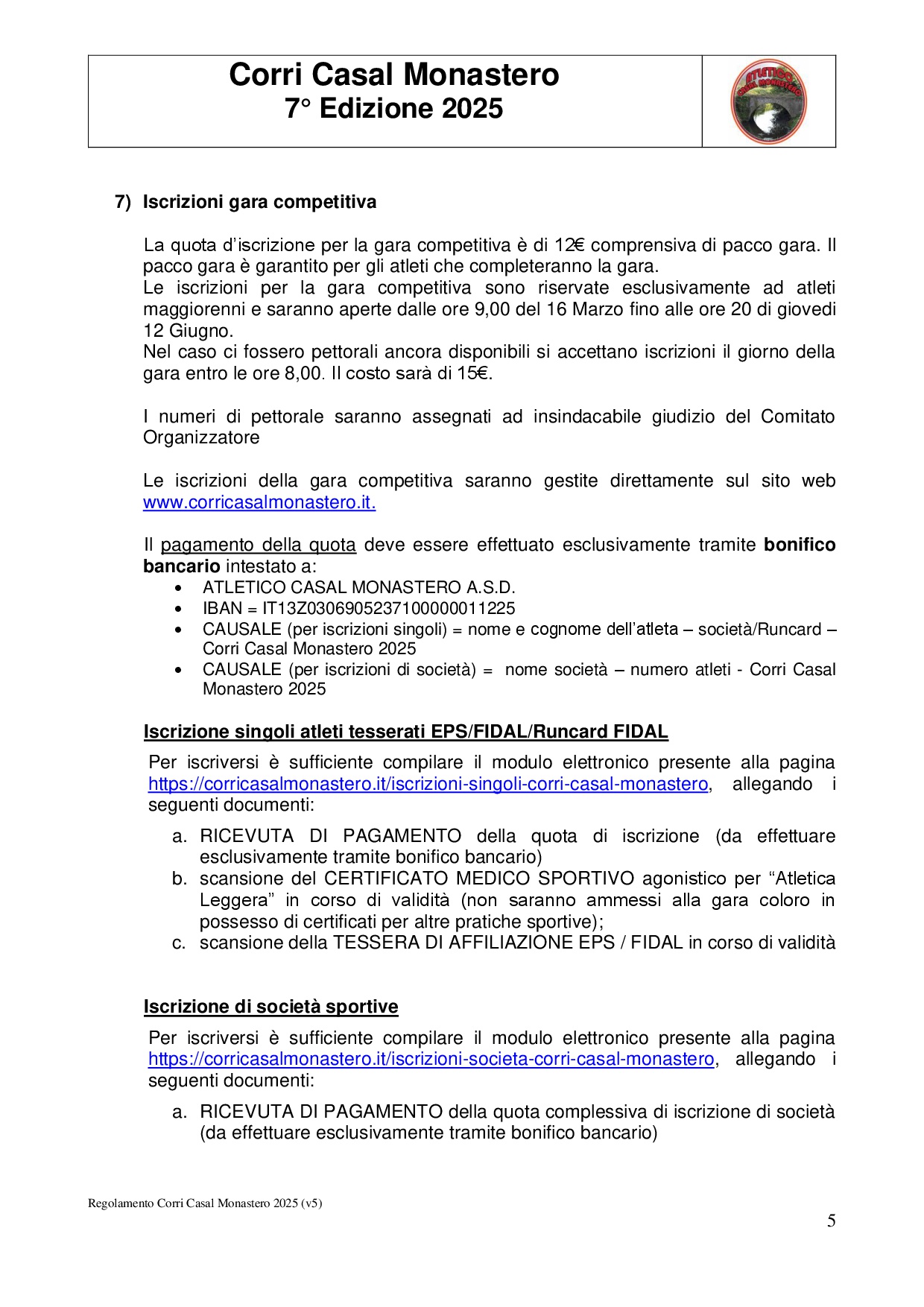 Regolamento Corri Casal Monastero - 2025